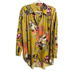 Free People Silky Nights Button Front Blouse Size S Mustard Oversized Tunic NEW